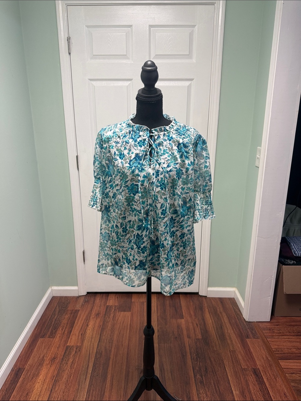 Philosophy sheer Blue and White Floral Tie-Front Blouse